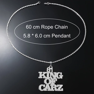Collana hip hop argentata con ciondolo lettere 81 KING OF CARZ e catena a corda da 60cm