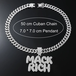 Men's hip hop MACK RICH iced out square pendant with 50cm Cuban chain necklace