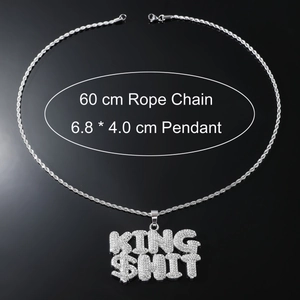 Iced-out KING SHIT letter pendant necklace with 60cm rope chain in hip hop style