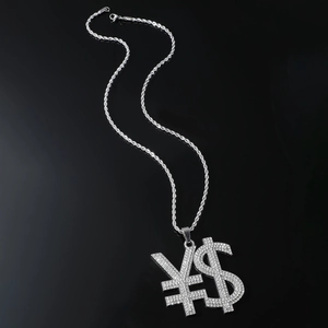 Iced out dollar and yen sign pendant necklace in silver with sparkling rhinestones
