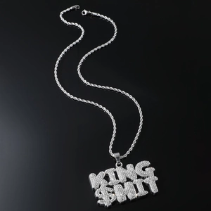 Iced out King Shit letter pendant with silver rope chain in hip hop street style