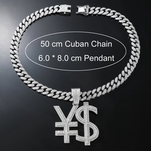 Chaîne cubaine argentée avec pendentif dollar et yen serti de diamants, 6x8cm