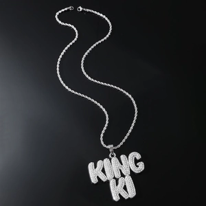 Collier hip hop argenté avec pendentif lettres KING KI serti de strass sur deux rangées