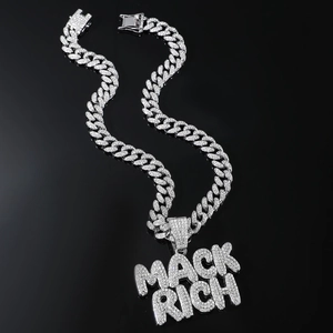 Iced out MACK RICH letter pendant on silver Cuban link chain for hip hop style