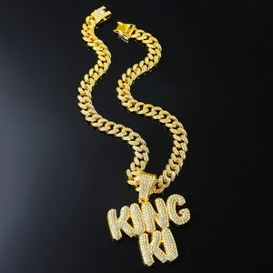Men's hip hop gold Cuban link chain with sparkling iced out KING KI letter pendant
