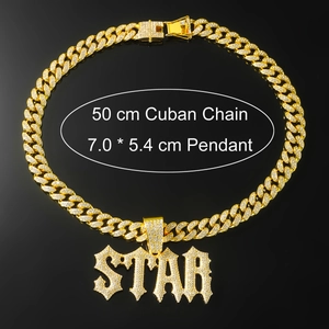 Close-up of iced-out STAR pendant with 50cm golden Cuban link chain for men
