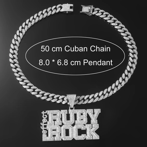 Collier hiphop avec grand pendentif RUBY ROCK serti de cristaux et chaîne 50cm