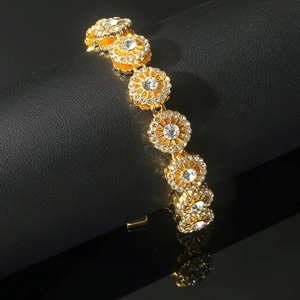 Hip hop gold plated flower link bracelet with round cubic zirconia and pavé crystals