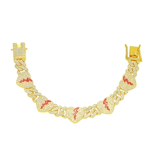 Men's Hip-Hop Alloy Rhinestone Broken Heart Cuban Link Chain Bracelet With Red Lightning Pattern Gold Silver Plated Luxury Jewelry