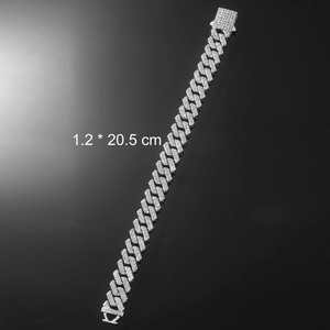 Bracelet Cuban Link hip-hop plaqué argent avec strass complets, 1,2 cm de large, 20,5 cm long