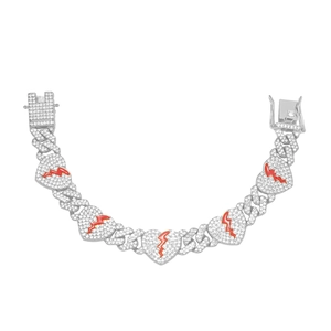 Silver iced-out Cuban link bracelet with red broken heart and lightning bolt charms