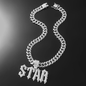 Iced out STAR letter pendant on heavy Cuban chain necklace with sparkling rhinestones