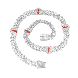 Hip hop style silver plated Cuban link necklace and bracelet set with red heart pendants