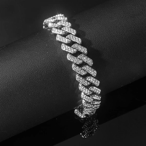 Bracelet gourmette argenté pour homme avec strass incrustés style hip-hop urbain
