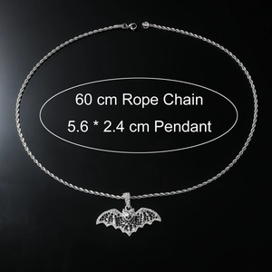 Gothic black bat pendant necklace with rhinestones on 60cm silver rope chain