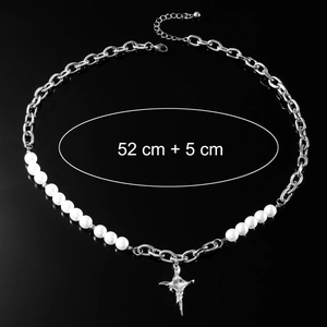 Collana a croce argento con perle e pendente in zircone, lunghezza 52cm