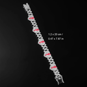 Hip-hop iced out Cuban link heart bracelet with red lightning patterns 20cm