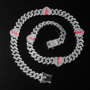 Iced out alloy punk Cuban link necklace and bracelet set with broken heart charm