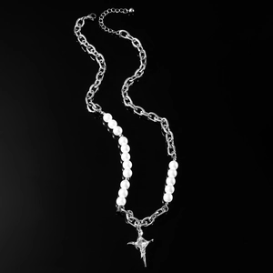 Collana a Giuntura in Acciaio al Titanio Catena Argento E Perla Artificial Bianca Ciondolo a Stella Croce Con Zirconia Quadrata Per Uomo Donna Stile Punk Cool Accessori Party