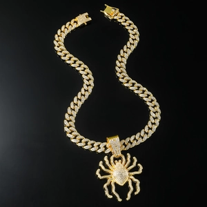 Hip hop cuban link chain with large 3D iced out spider pendant in gold finish