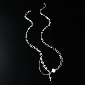 Collier Pendentif Croix Étoile Asymétrique en Acier au Titane pour Hommes Femmes Géométrique Pierre Oeil de Chat Strass Chaîne de Clavicule