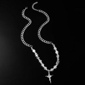 Vintage Hip Hop Stainless Steel Cross Pendant Necklace For Men Women Silver Color Ice Crack Beads Splice Cubelink Chain Jewelry