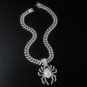 Silver iced-out Cuban chain necklace with large sparkling spider pendant for hip-hop style