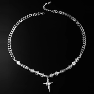 Hip hop titanium steel necklace with cracked ice beads and zircon cross pendant