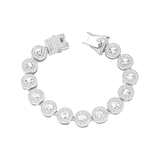 Hip hop silver iced out round link bracelet with sparkling crystals and a paved clasp