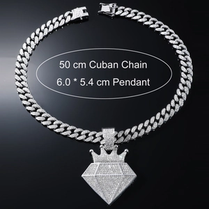 Hip hop crown diamond pendant necklace with silver cuban chain and full iced-out rhinestones