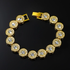 Iced out hip hop men's gold plated round link bracelet with sparkling clear crystals