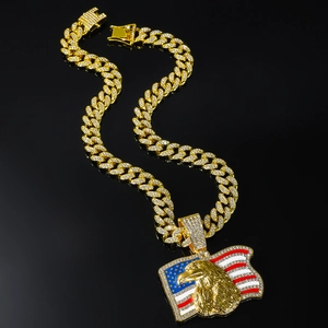 Collier Pendentif Aigle Drapeau Américain en Alliage de Zinc Strass Hip Hop Chaîne Cubaine Or Argent Bijoux