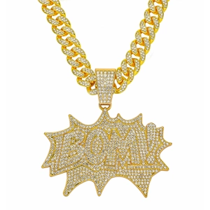 Gold-plated Cuban chain necklace featuring a BOOM! pendant with pavé set white crystals