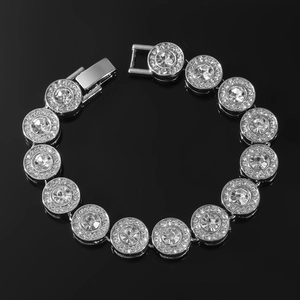 Men's hiphop silver-tone bracelet featuring iced-out round crystals on a black mirror background
