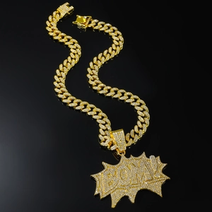 Hip Hop Iced Out Rhinestone BOOM Letter Pendant Necklace Trendy Nightclub Cuban Link Chain Jewelry For Men Gold Silver