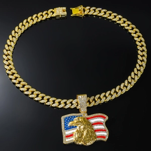 Collier hip-hop aigle en or avec strass drapeau américain et chaîne à mailles cubaines