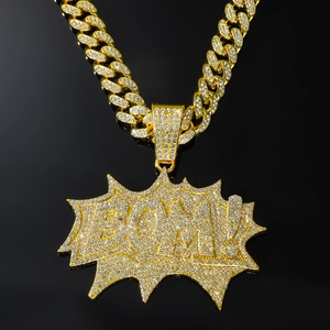 Iced out gold BOOM letter pendant necklace with Cuban chain for hip hop street style