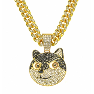 Hip-Hop-Gold-Cuban-Kette mit vereistem 3D-Doge-Anhänger und funkelnden Kristallsteinen