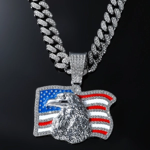 Collier hip hop à maille cubaine avec pendentif aigle drapeau américain en fini argent