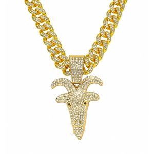 Collana a catena cubana oro hip hop con ciondolo a testa di capra e strass bianchi