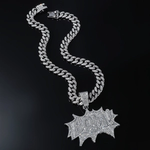 Hip hop silver Cuban link chain necklace with iced-out jagged BOM letter pendant