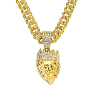 Collana hip hop da uomo con ciondolo a testa di leone con corona e catena Cubana