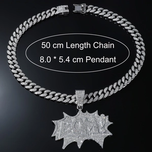 Detail view of iced-out BOOM! pendant with dimensions 8.0x5.4cm on a 50cm Cuban chain