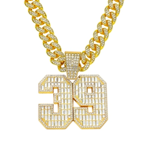 Iced out number 39 hip hop pendant necklace with square rhinestones and Cuban link chain