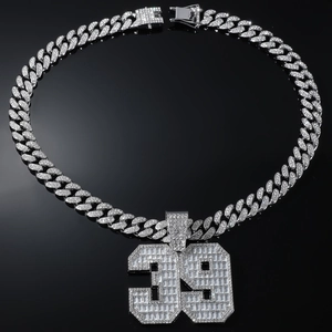 Hip hop silver Cuban chain with large iced out number 39 pendant and square zircons