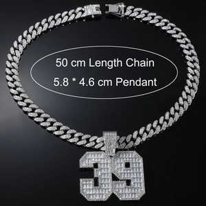 Iced out number 39 pendant on silver cuban chain with detailed size specifications