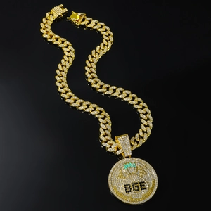 Collier Pendentif Rond Lettre BGE Iced Out Pour Hommes Hip Hop Chaîne Cuban Link Alliage Strass Sac d'Argent Couronne Bijoux