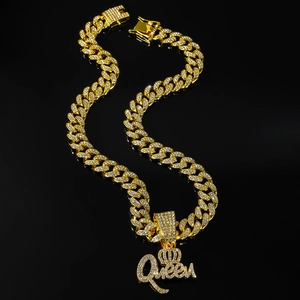 Collier Pendentif Lettre Queen Couronne en Alliage Hip Hop avec Strass Chaîne à Maillons Cubains Or Argent Bijoux Homme