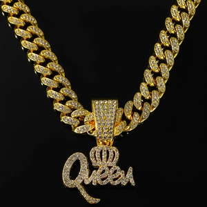 Collier cubain hip-hop doré avec pendentif couronne QUEEN orné de strass blancs brillants