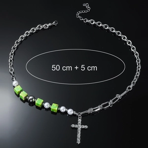 50cm green beaded cross necklace with silver chain and white pearls on black mirror